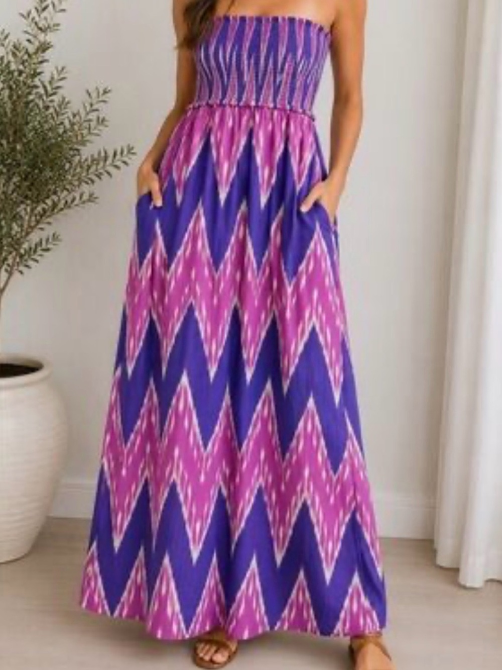 Zara Strapless Maxi Dress Purple Pink Chevron Print Size XS - Picture 1 of 6